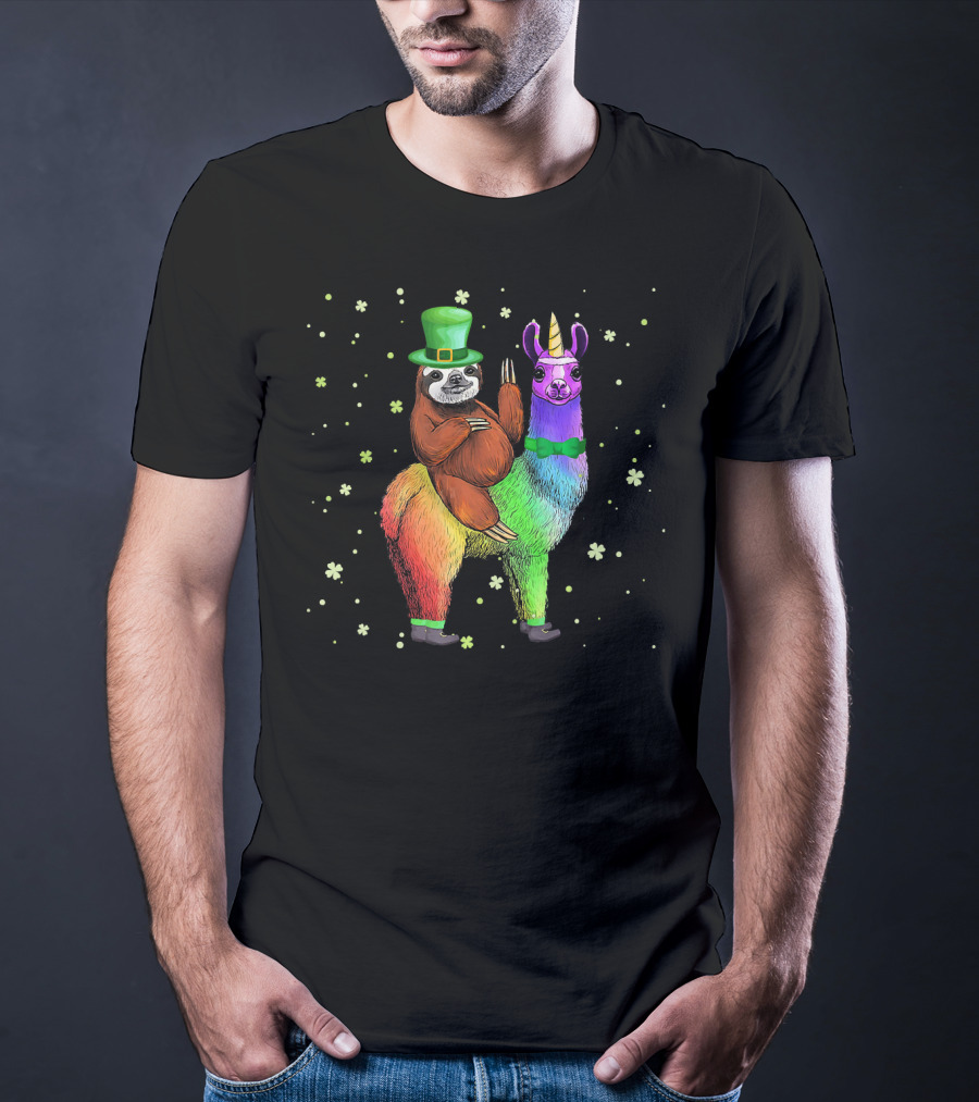 St. Patrick's Day Sloth With Green Hat On Rainbow Unicorn Llama T-Shirt