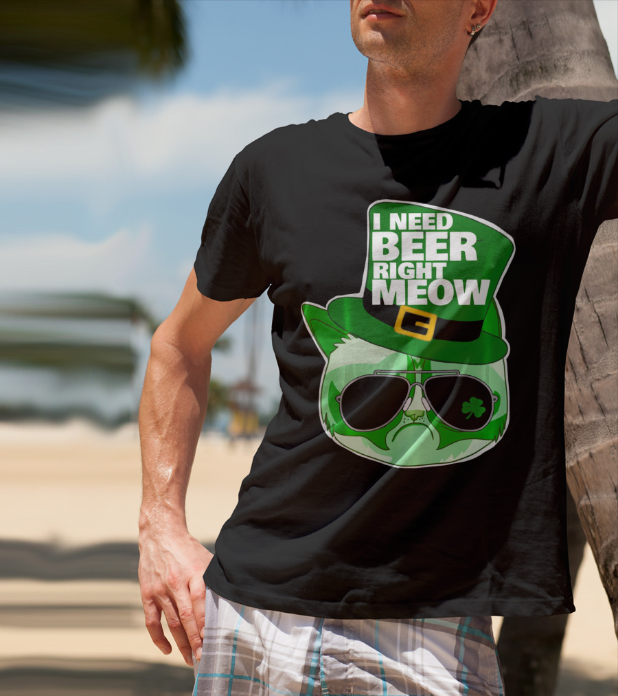 I Need Beer Right Meow Funny St Patricks Day Cat With Green Leprechaun Hat And Sunglasses T-Shirt