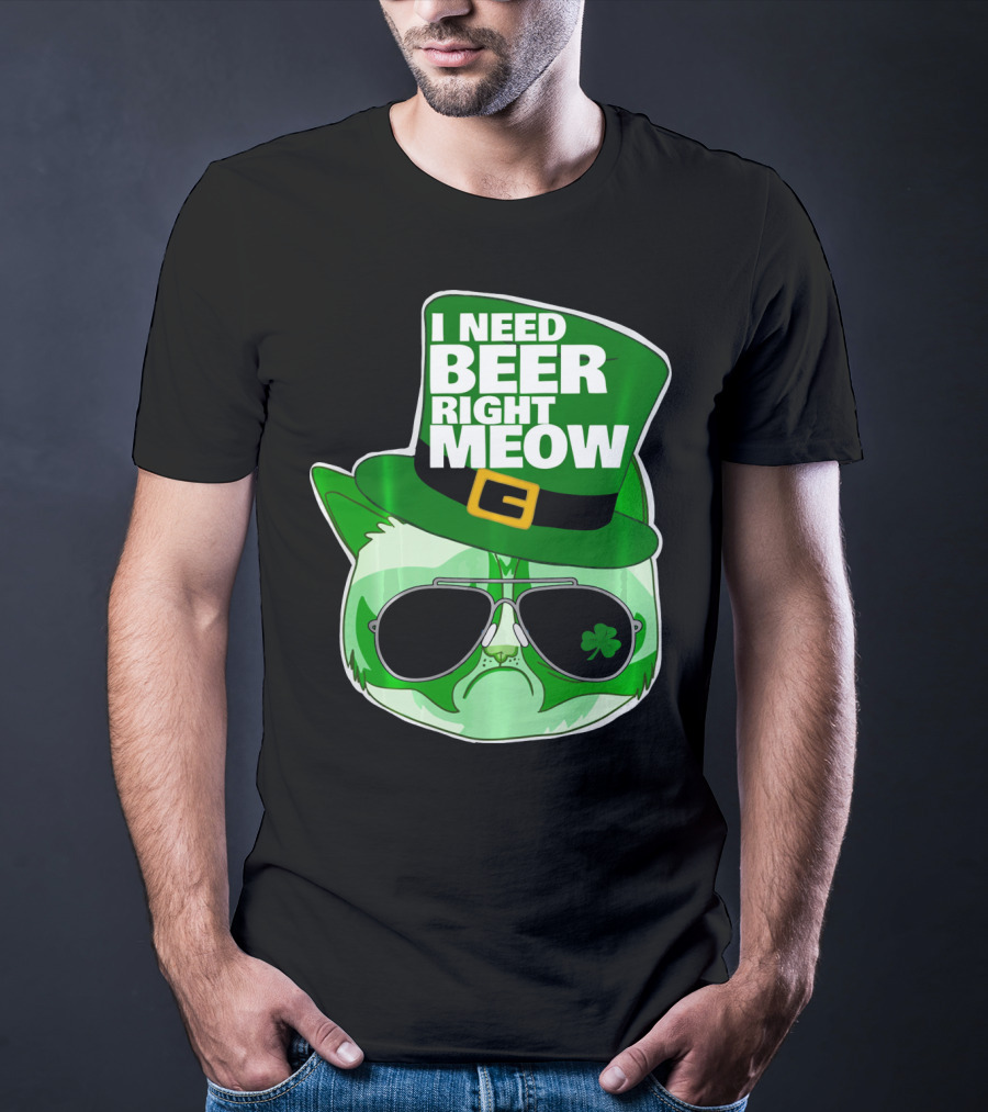 I Need Beer Right Meow Funny St Patricks Day Cat With Green Leprechaun Hat And Sunglasses T-Shirt