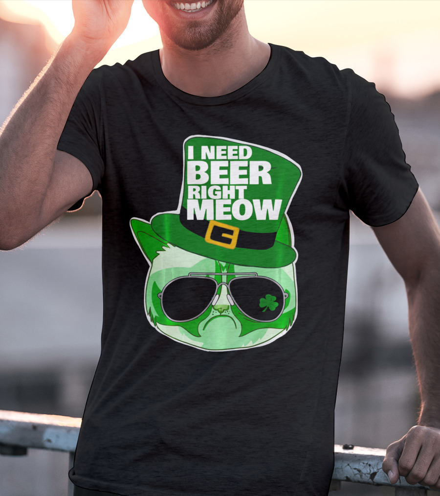 I Need Beer Right Meow Funny St Patricks Day Cat With Green Leprechaun Hat And Sunglasses T-Shirt