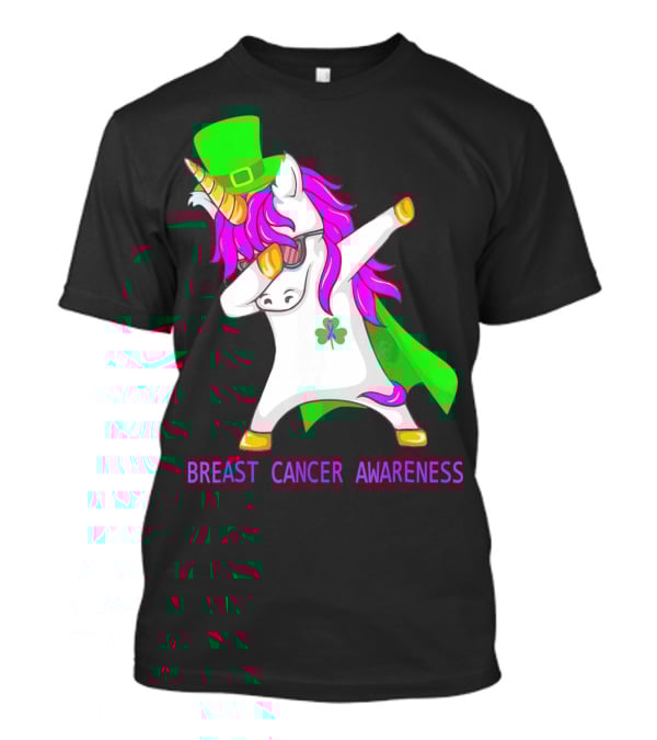 Unicorn Breast Cancer Awareness Dabbing With Green Hat And Clover Patrick T-Shirt