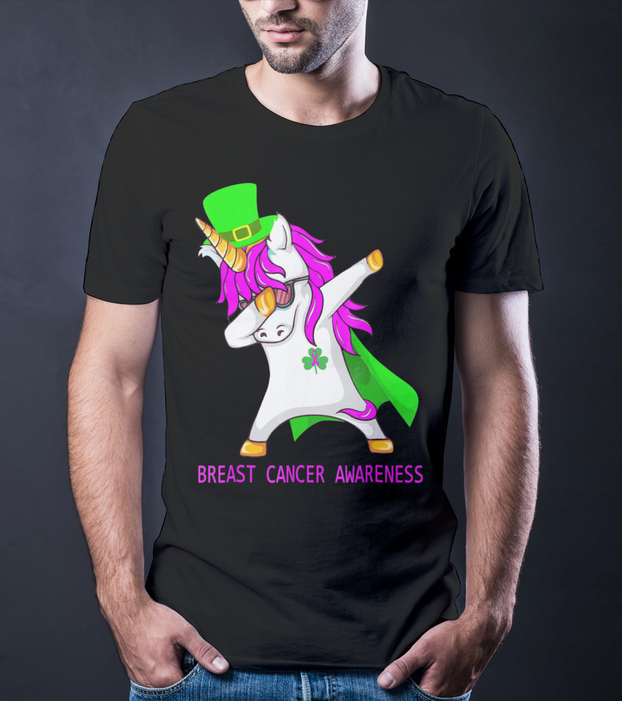 Unicorn Breast Cancer Awareness Dabbing With Green Hat And Clover Patrick T-Shirt