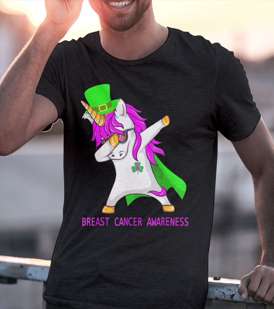 Unicorn Breast Cancer Awareness Dabbing With Green Hat And Clover Patrick T-Shirt