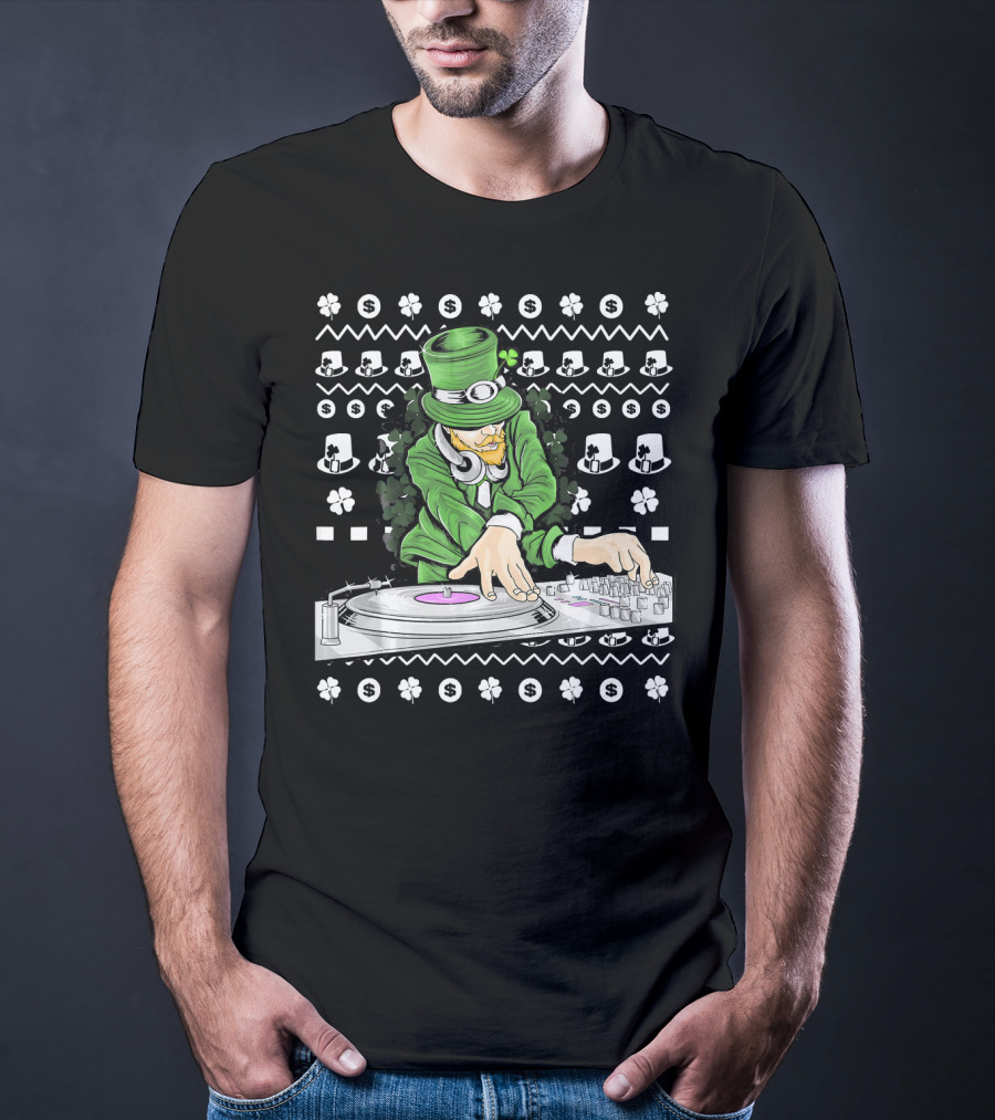 Leprechaun DJ Mixing With Shamrocks And Top Hats T-Shirt