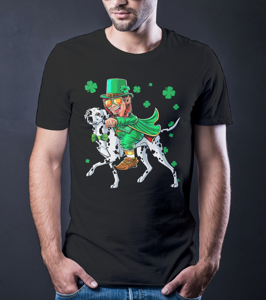 Leprechaun Riding Dalmatian With Shamrocks St. Patrick's Day T-Shirt