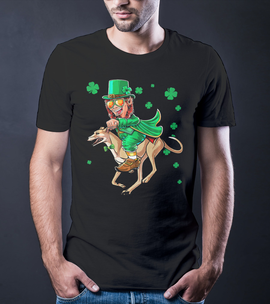 Leprechaun Riding Greyhound With Shamrocks St. Patrick's Day T-Shirt