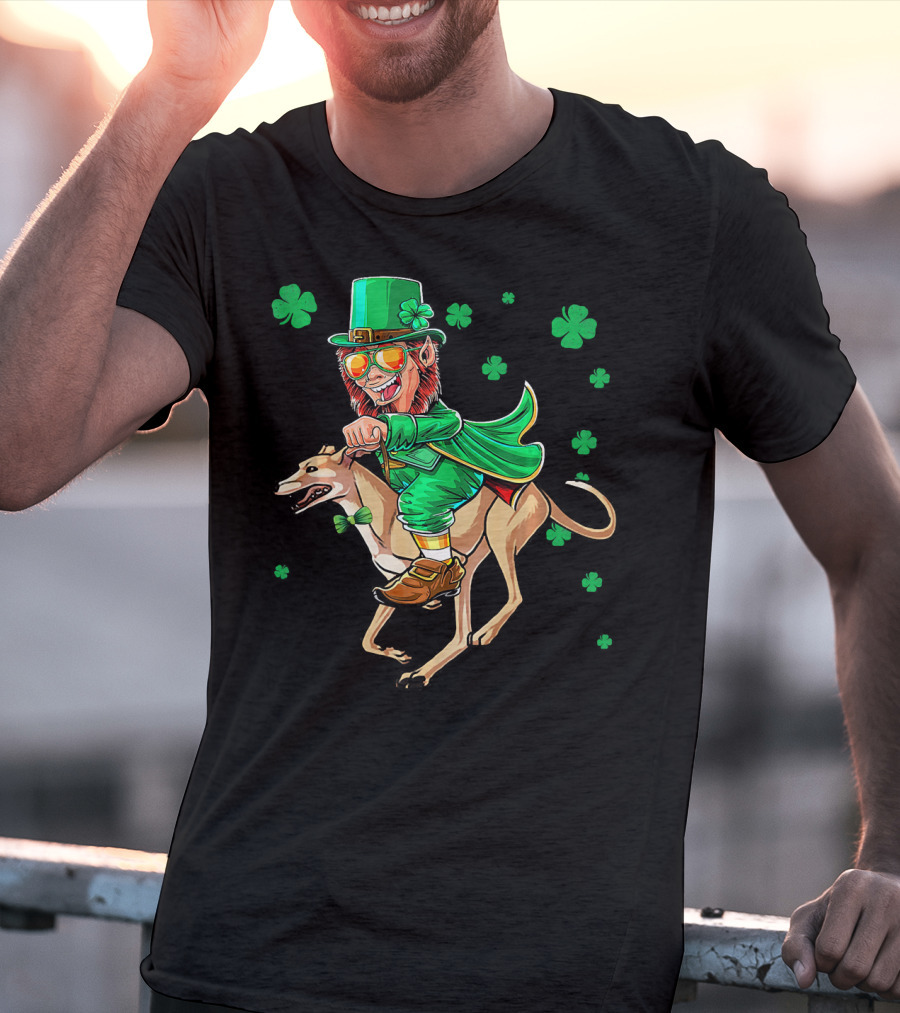 Leprechaun Riding Greyhound With Shamrocks St. Patrick's Day T-Shirt