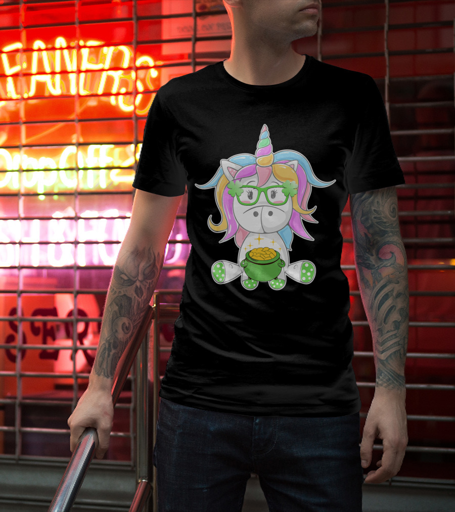 Unicorn Face Saint Patricks Day Shamrock Glasses Pot Of Gold T-Shirt
