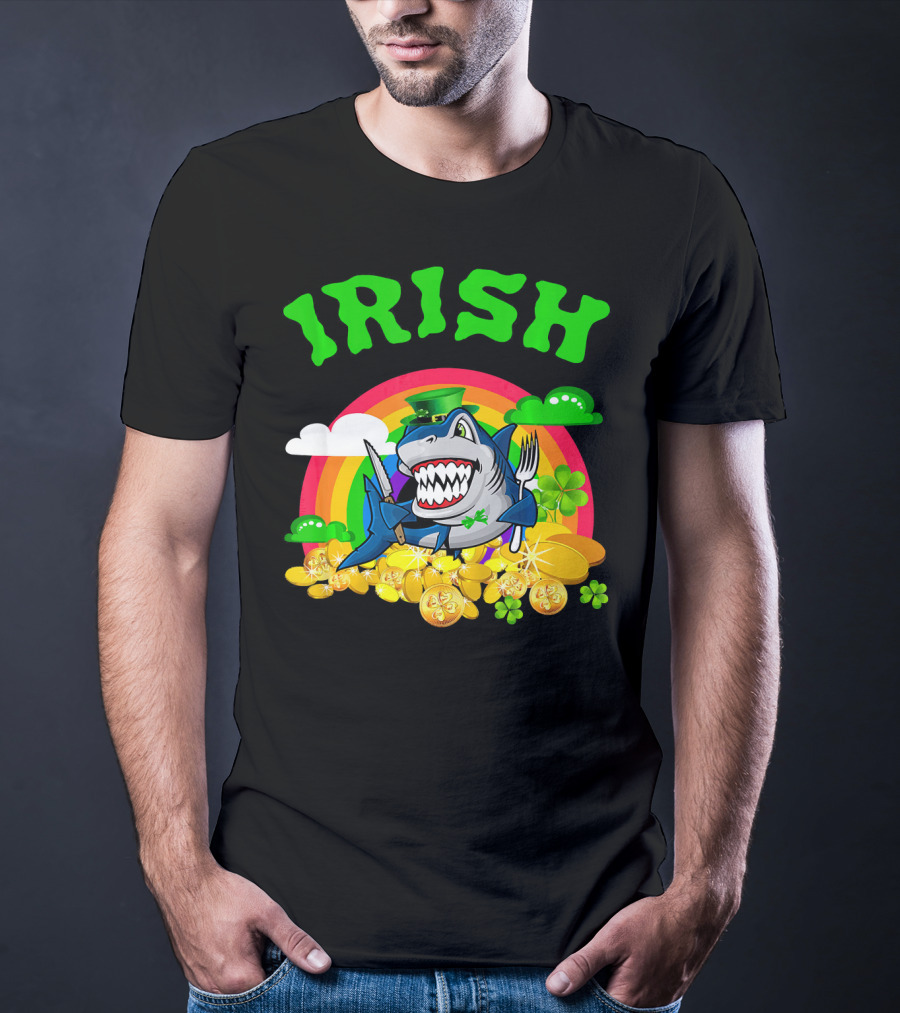 Irish Shark Funny St Patricks Day Leprechaun Rainbow Coins T-Shirt