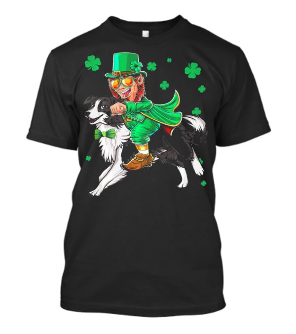 Leprechaun Riding Border Collie With Shamrocks T-Shirt