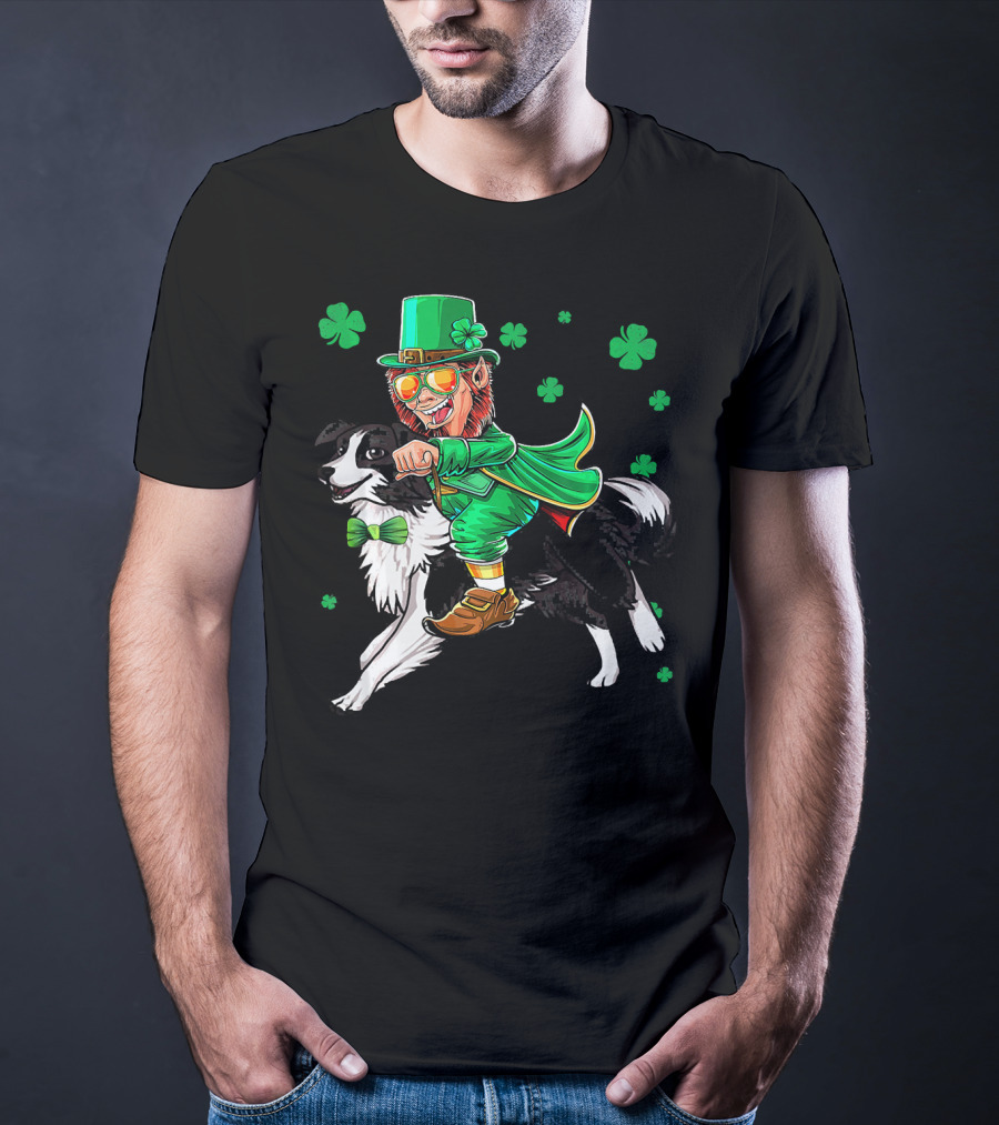 Leprechaun Riding Border Collie With Shamrocks T-Shirt