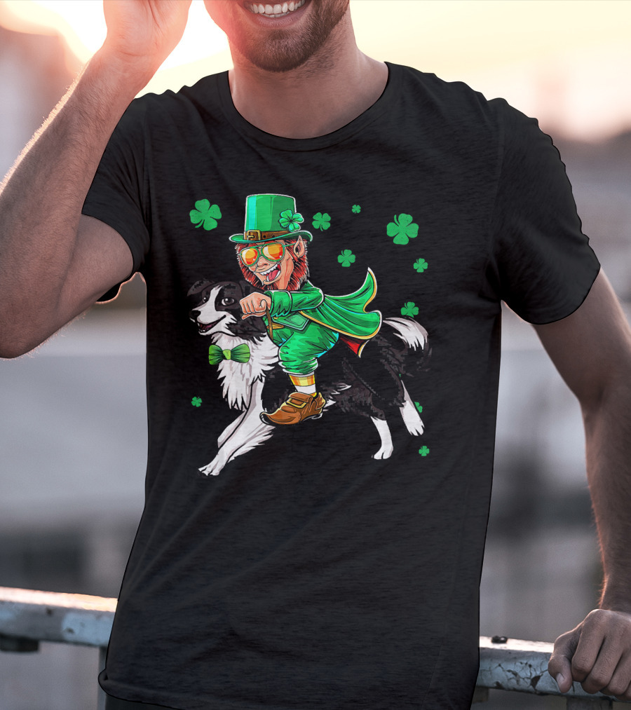 Leprechaun Riding Border Collie With Shamrocks T-Shirt