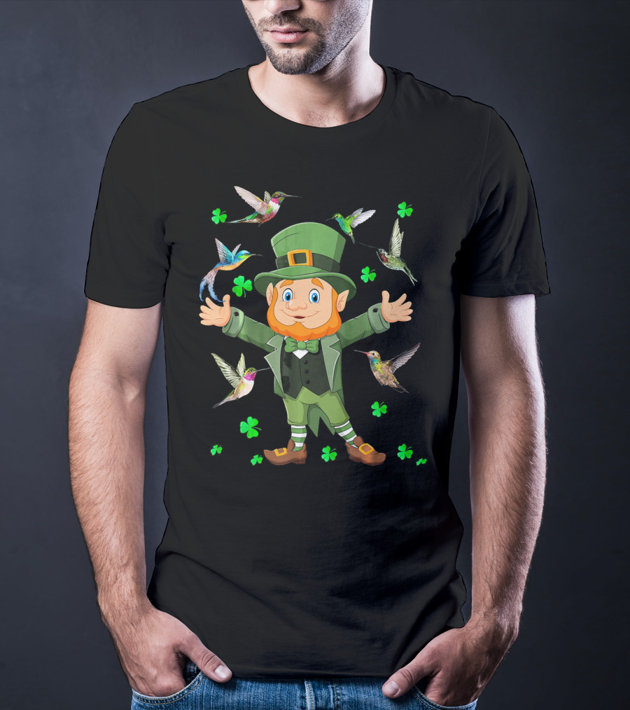 St Patricks Day Leprechaun With Hummingbirds And Shamrocks T-Shirt
