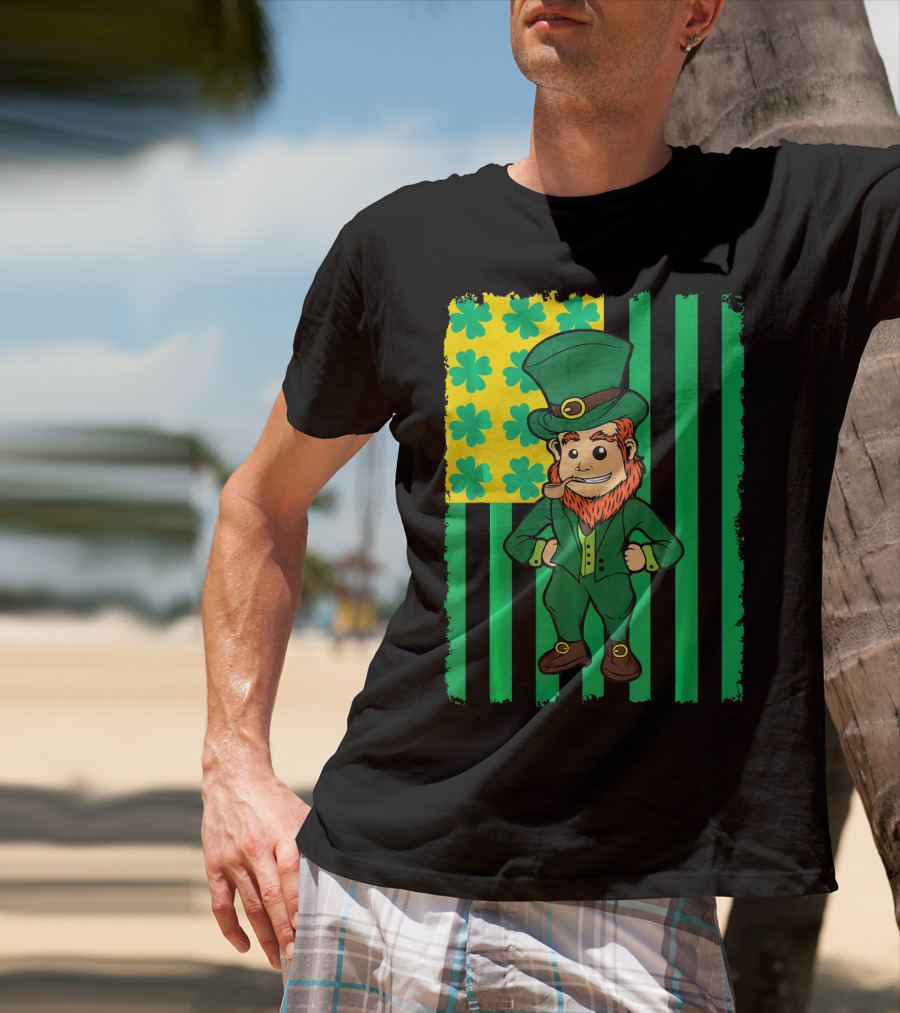 Irish American Leprechaun With Clover Flag T-Shirt