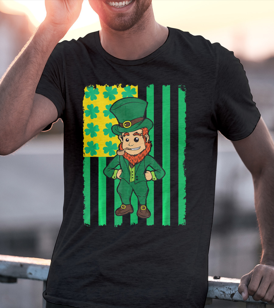Irish American Leprechaun With Clover Flag T-Shirt