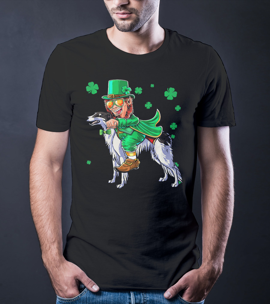 Leprechaun Riding Borzoi With Shamrocks St. Patrick's Day T-Shirt