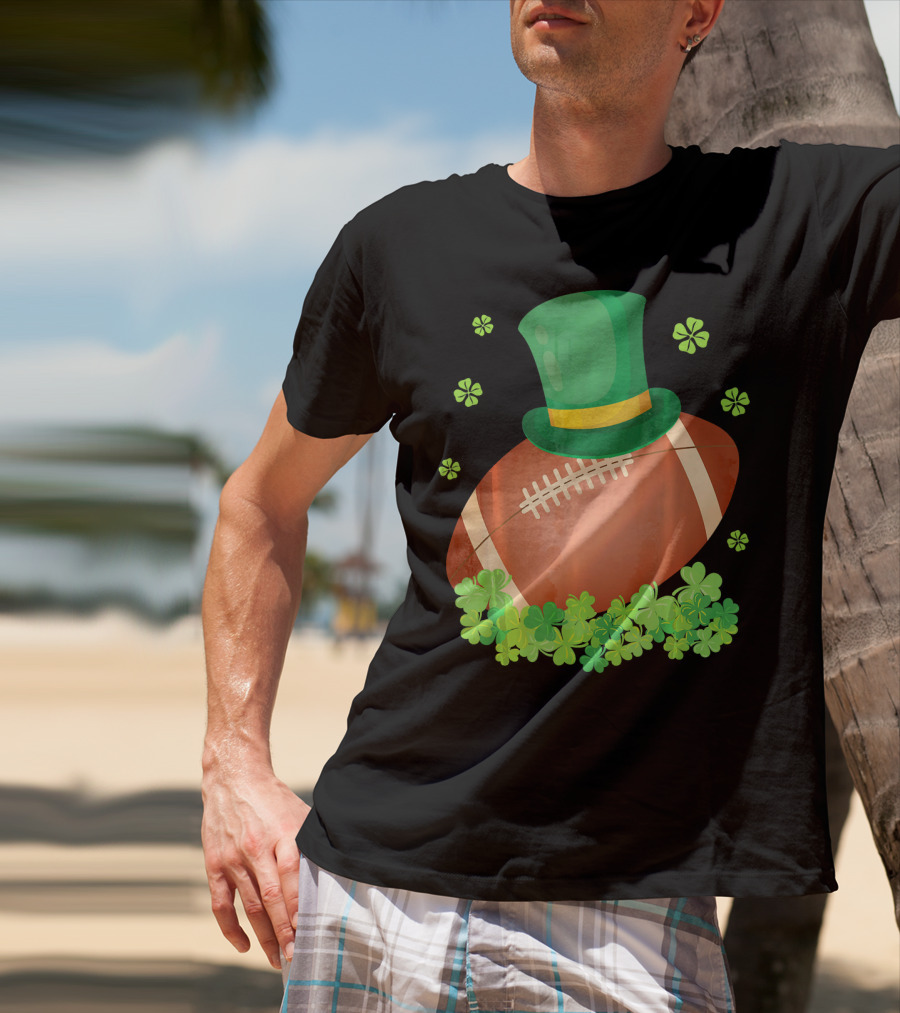 Leprechaun Hat On Football Surrounded By Clovers T-Shirt