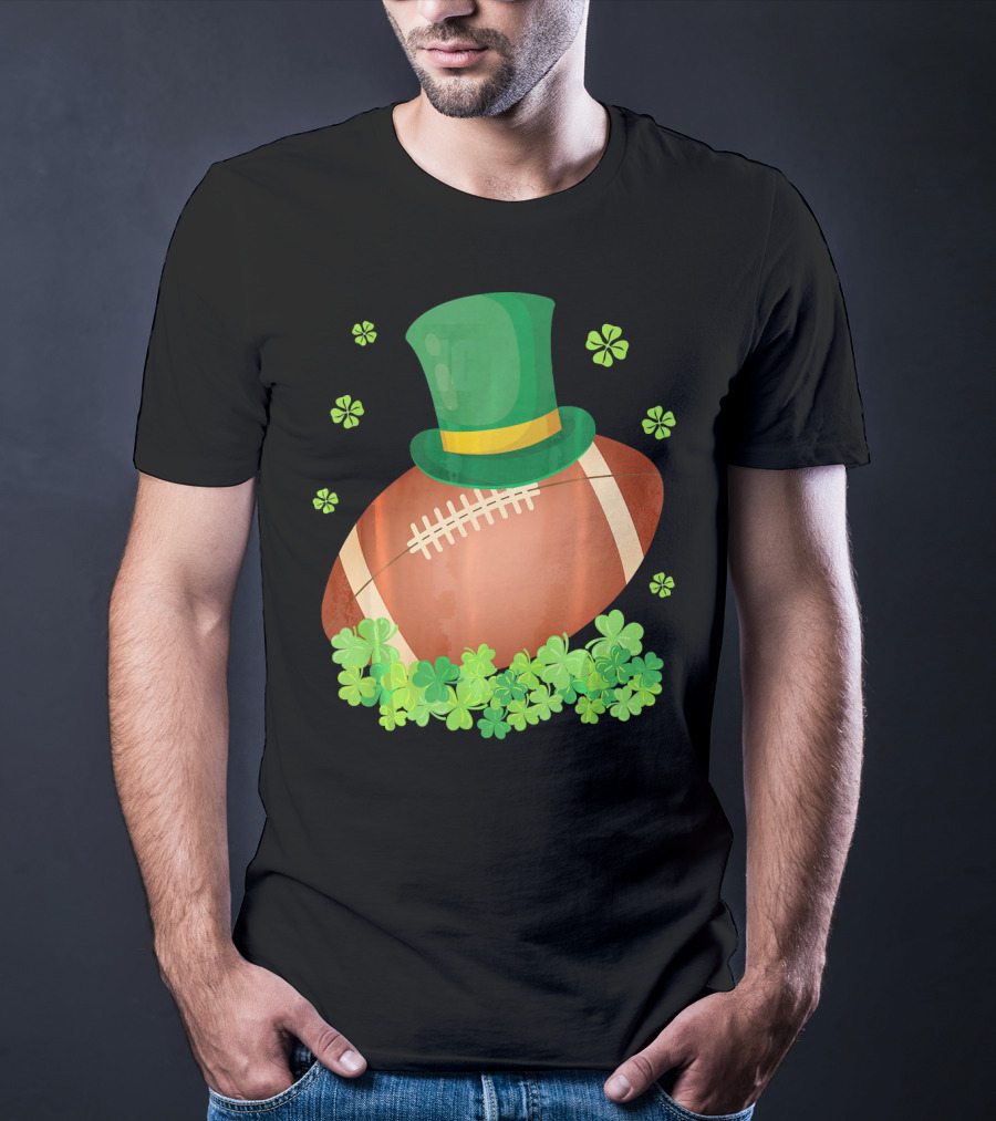 Leprechaun Hat On Football Surrounded By Clovers T-Shirt