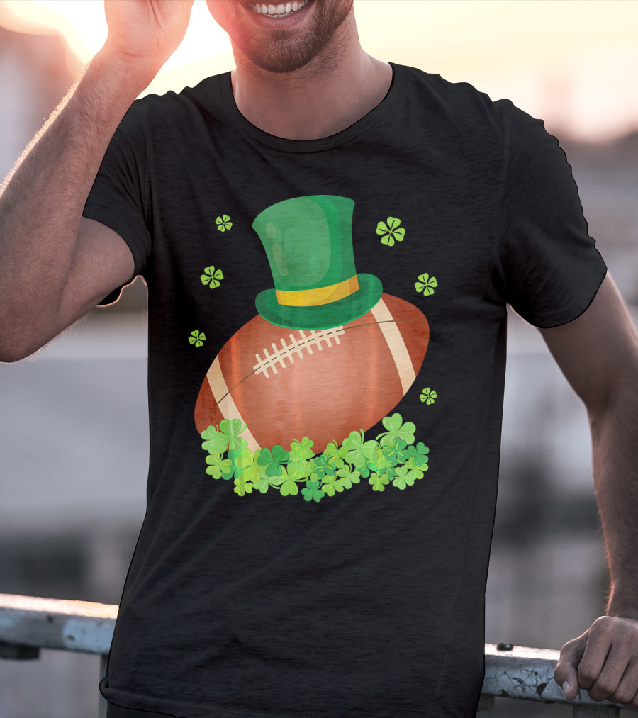 Leprechaun Hat On Football Surrounded By Clovers T-Shirt