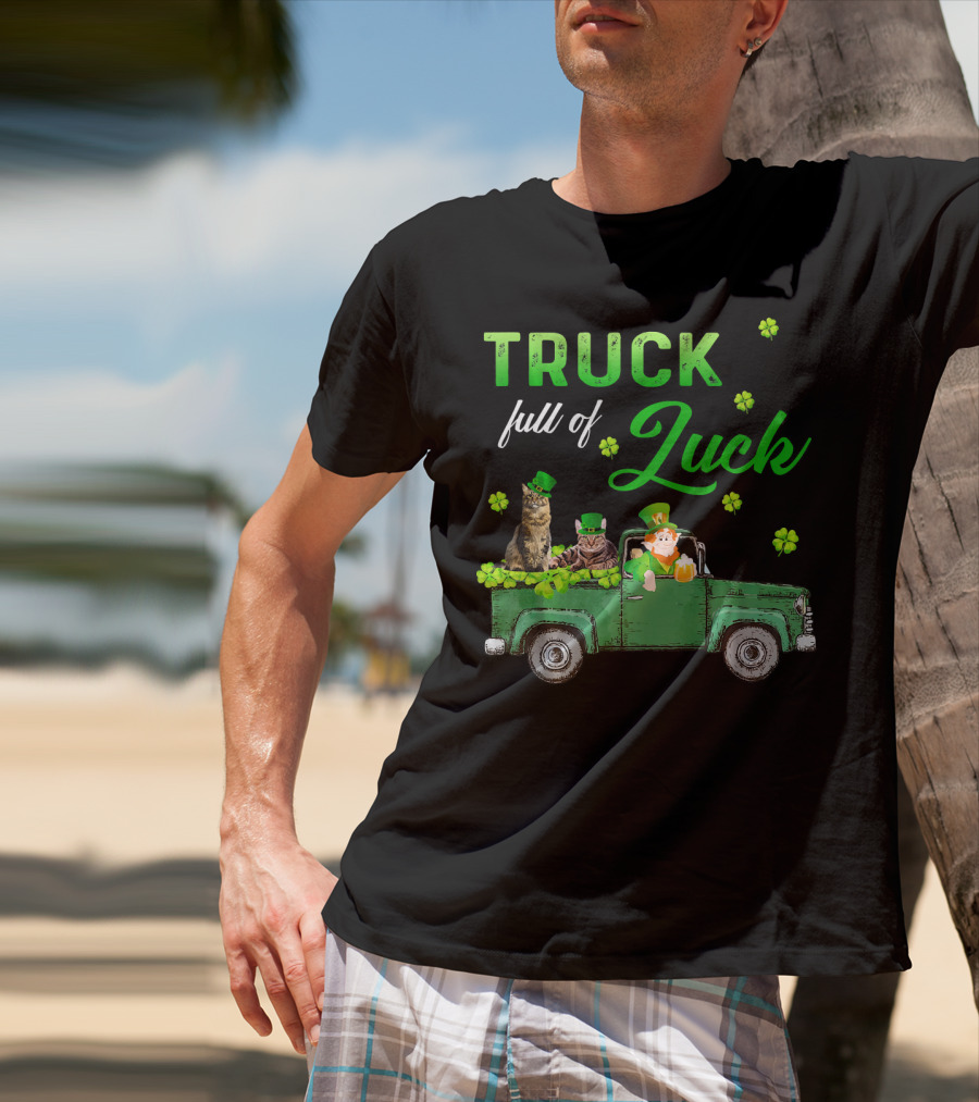 Truck Full Of Luck Cats Leprechaun Shamrocks T-Shirt