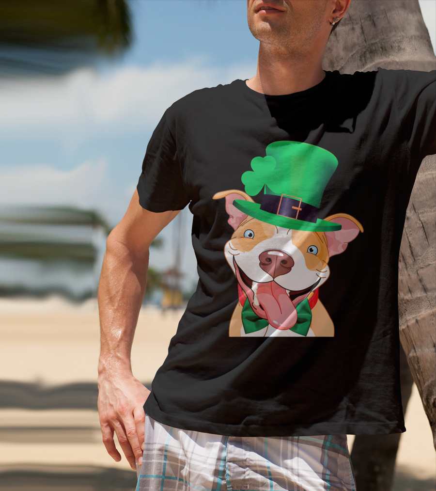 Irish Pitbull St Patricks Day Funny Leprechaun Hat Shamrock T-Shirt