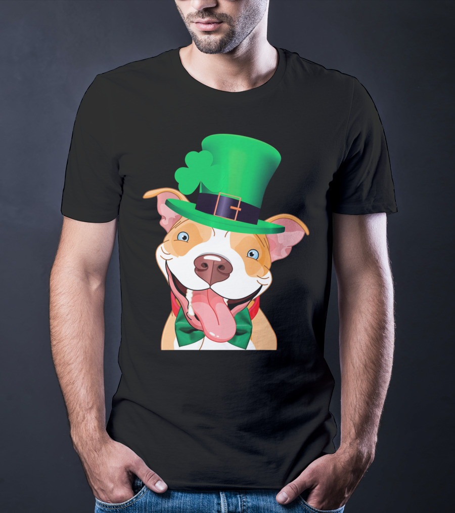 Irish Pitbull St Patricks Day Funny Leprechaun Hat Shamrock T-Shirt