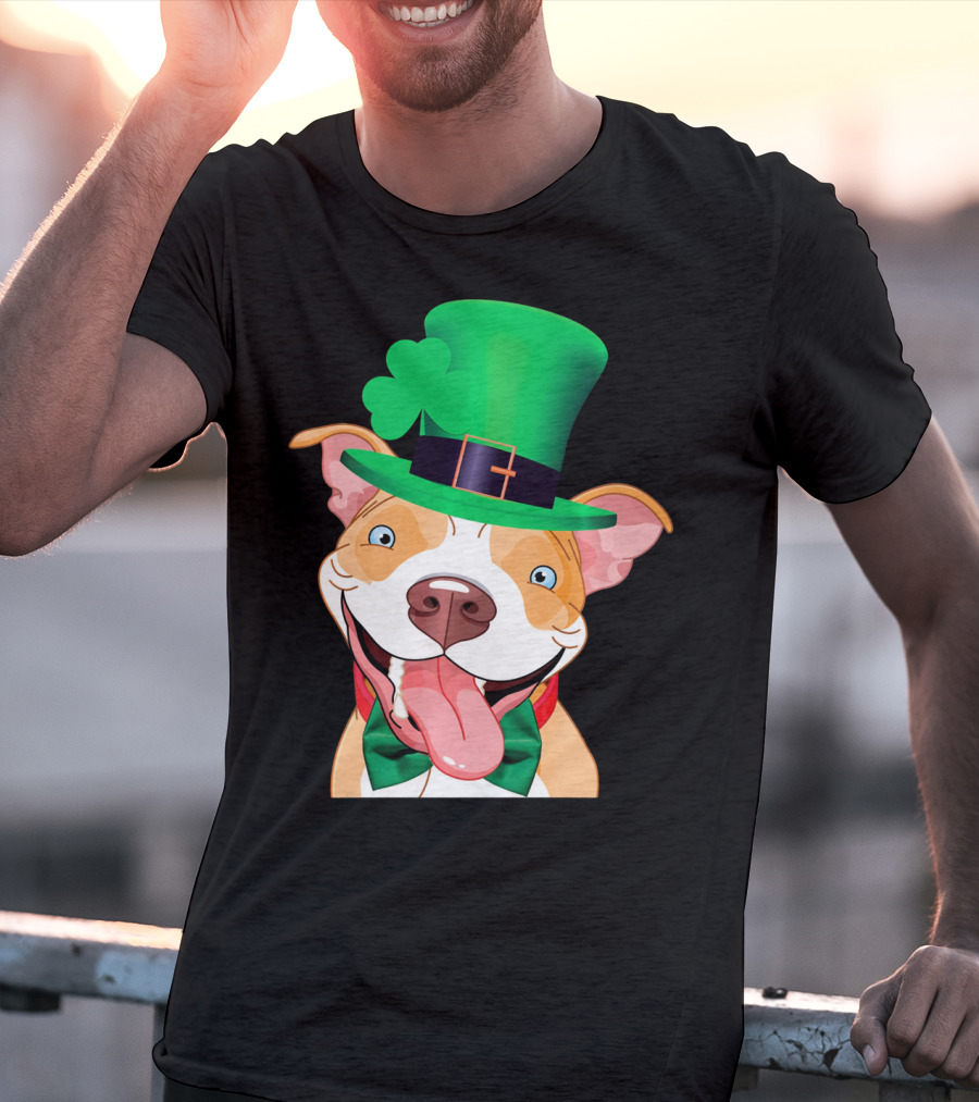 Irish Pitbull St Patricks Day Funny Leprechaun Hat Shamrock T-Shirt