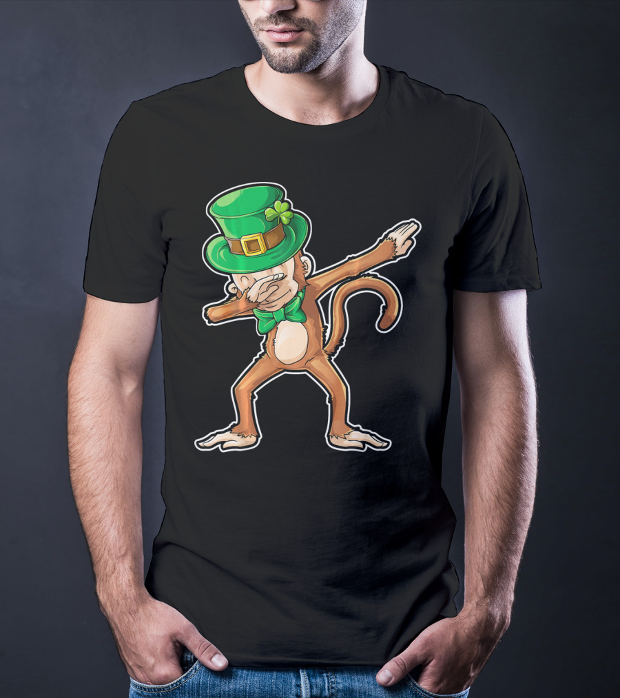 Dabbing Monkey St. Patrick's Day Leprechaun Hat Green Bow Tie T-Shirt