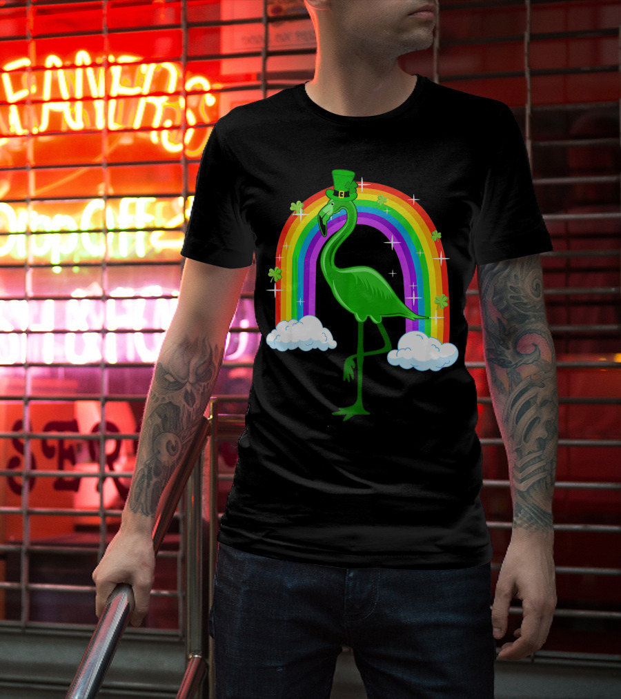 Leprechaun Flamingo With Rainbow And Clovers T-Shirt