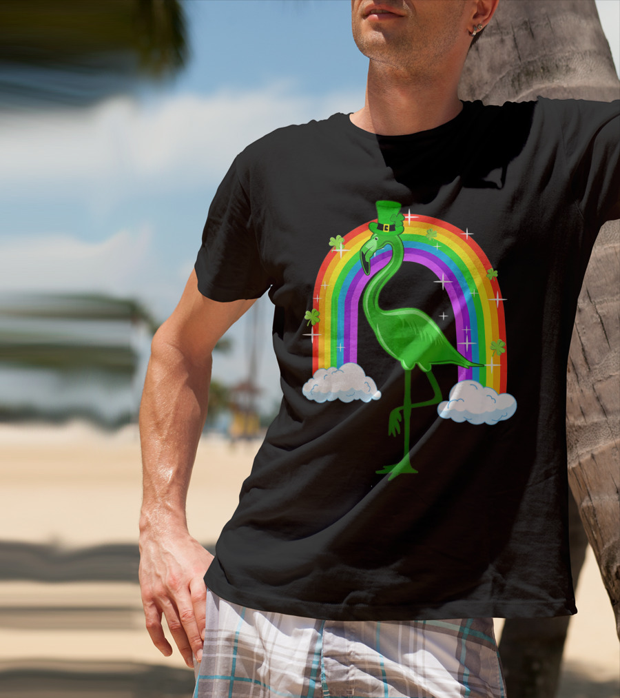 Leprechaun Flamingo With Rainbow And Clovers T-Shirt