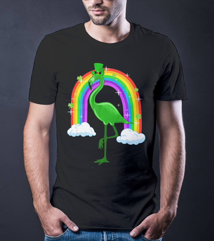 Leprechaun Flamingo With Rainbow And Clovers T-Shirt