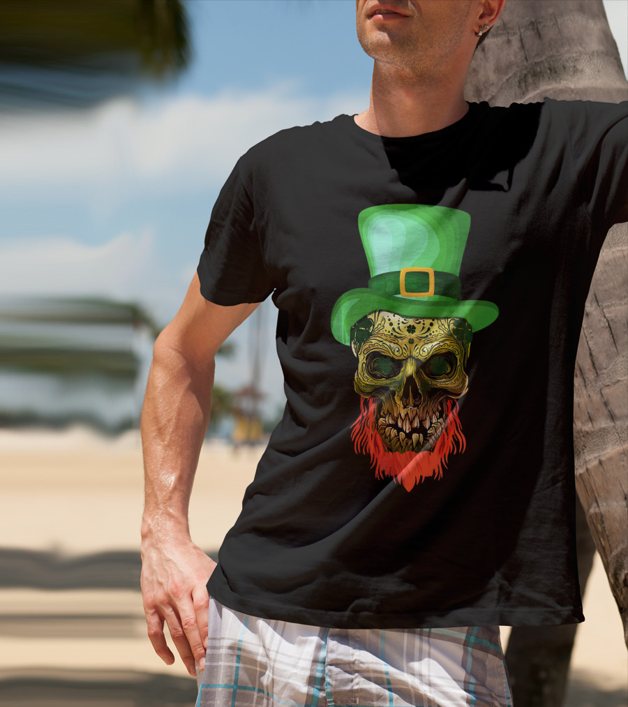 Skull Leprechaun Irish Green Hat Red Beard T-Shirt