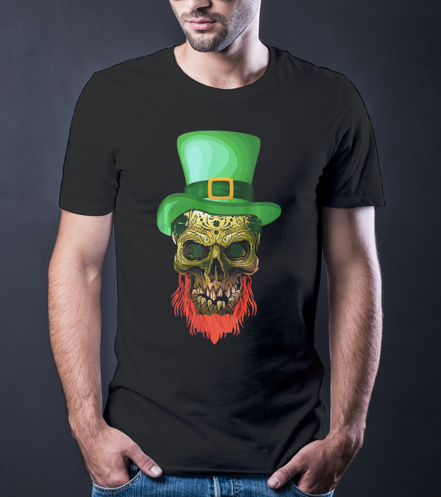 Skull Leprechaun Irish Green Hat Red Beard T-Shirt