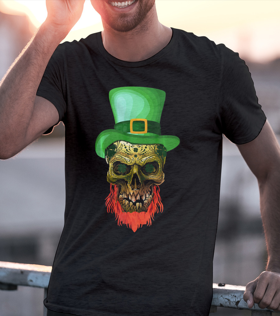 Skull Leprechaun Irish Green Hat Red Beard T-Shirt