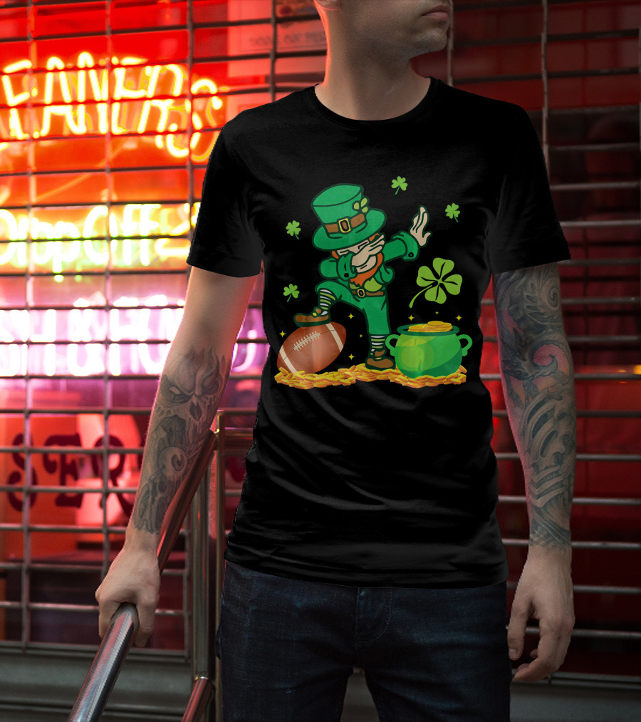 Leprechaun Dabbing With Football Shamrocks And Pot Of Gold T-Shirt