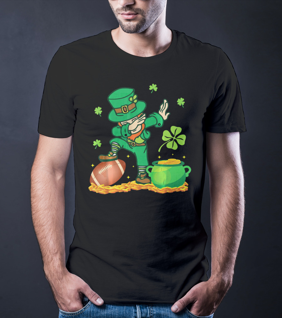 Leprechaun Dabbing With Football Shamrocks And Pot Of Gold T-Shirt