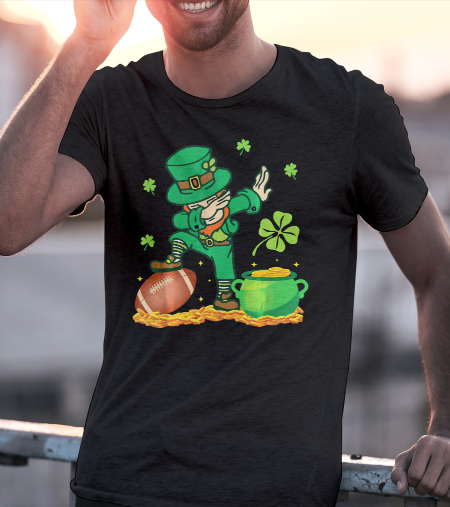 Leprechaun Dabbing With Football Shamrocks And Pot Of Gold T-Shirt