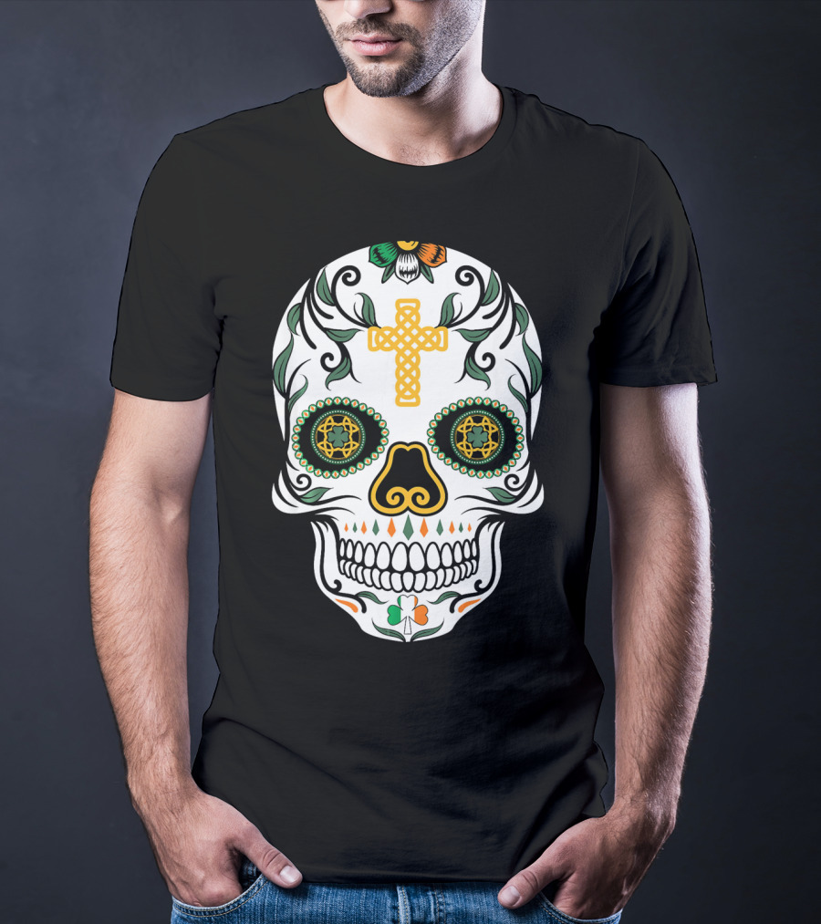 Cinco De Mayo Shamrock Sugar Skull Celtic Cross Floral T-Shirt