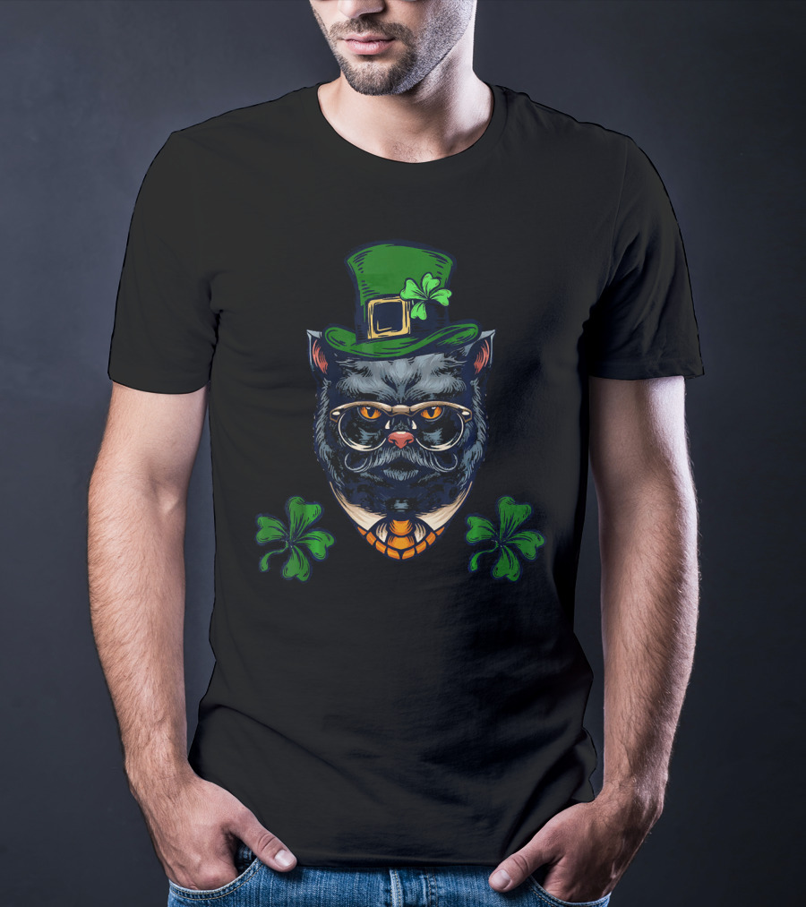 Funny Cat Mustache Leprechaun With Shamrocks And Glasses T-Shirt