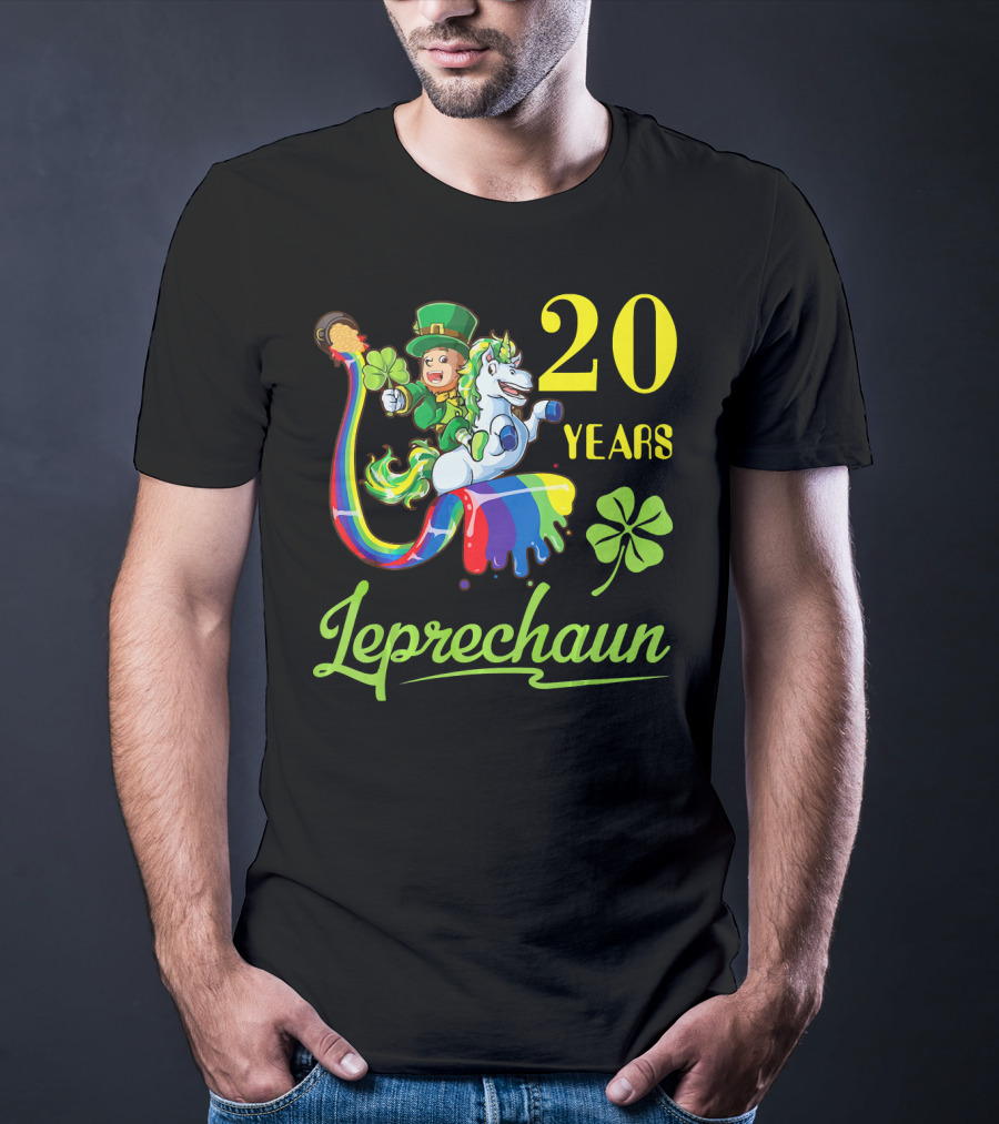 20 Years Leprechaun Riding Unicorn Rainbow Shamrock T-Shirt