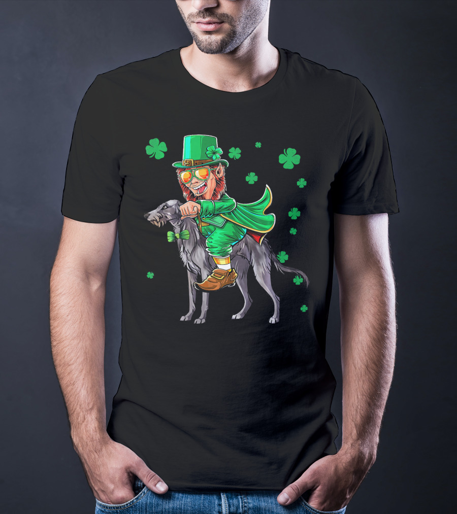 Leprechaun Riding Scottish Deerhound With Shamrocks T-Shirt