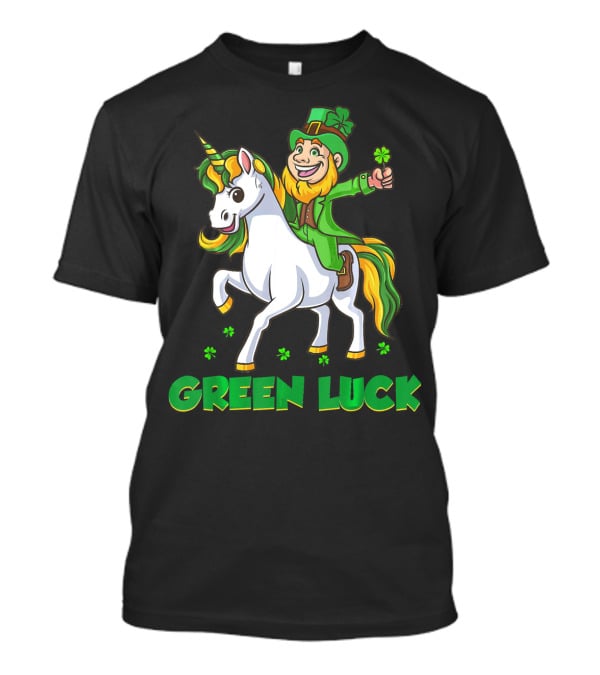 Green Luck Leprechaun Holding Shamrock Riding Unicorn T-Shirt