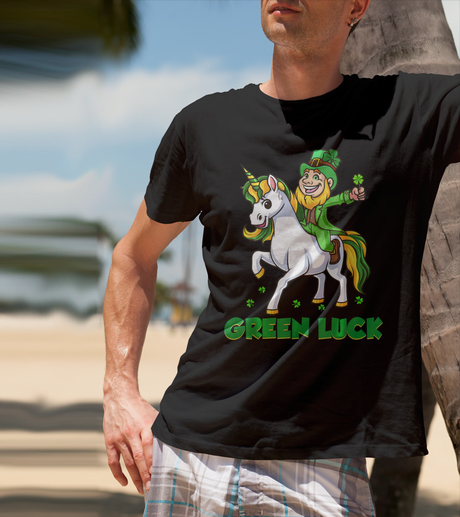 Green Luck Leprechaun Holding Shamrock Riding Unicorn T-Shirt