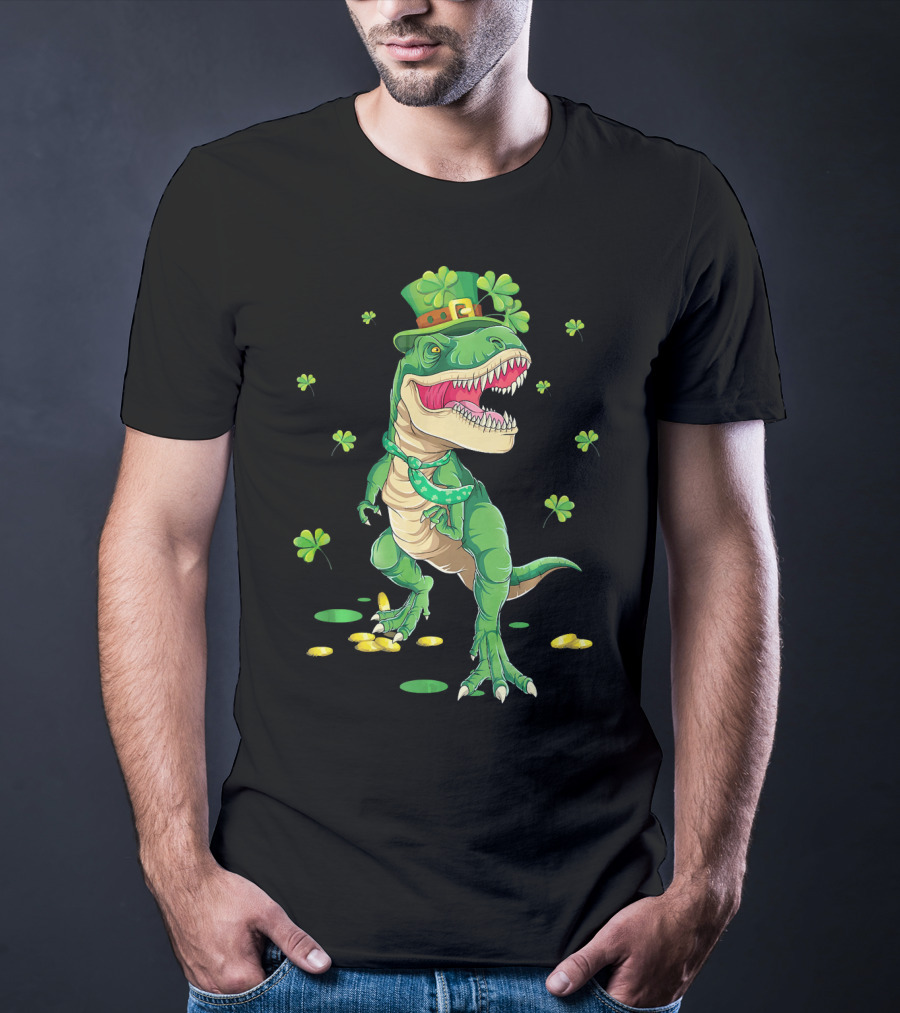 Happy St. Patrick’s Day Dinosaur Leprechaun Shamrocks Gold T-Shirt