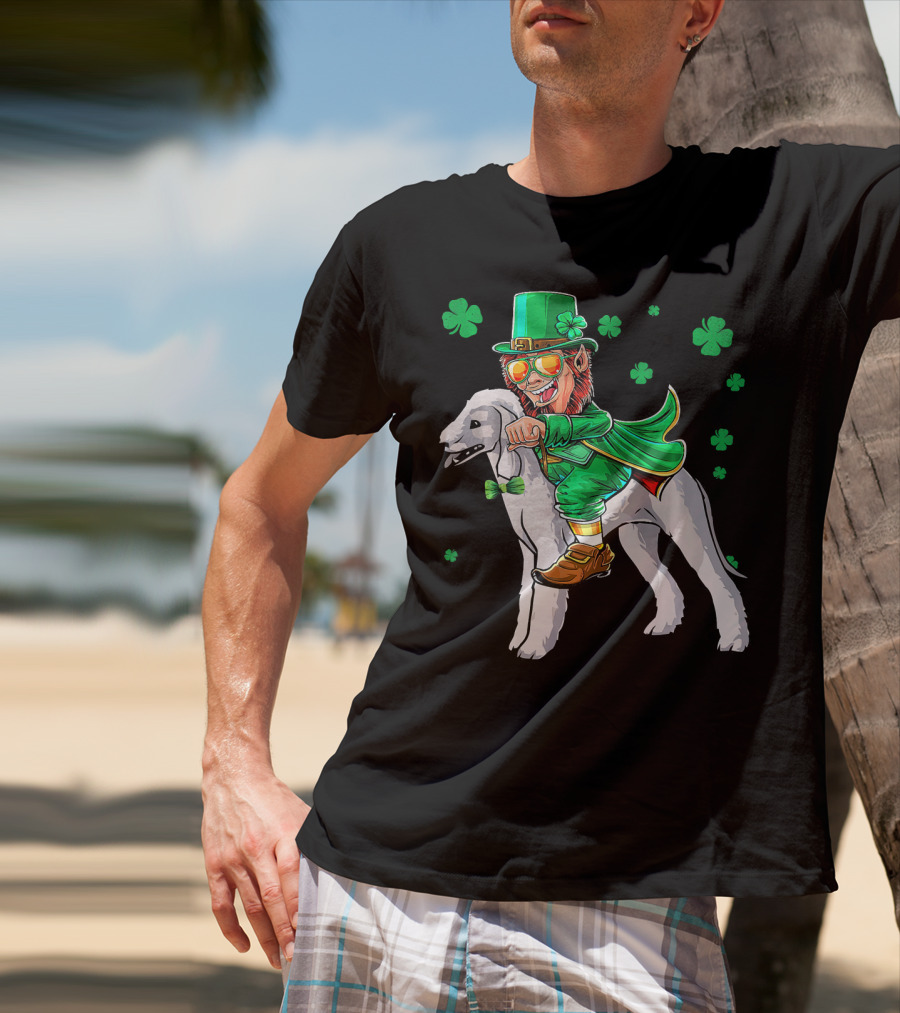 Leprechaun Riding Bedlington Terrier With Shamrock Elements T-Shirt