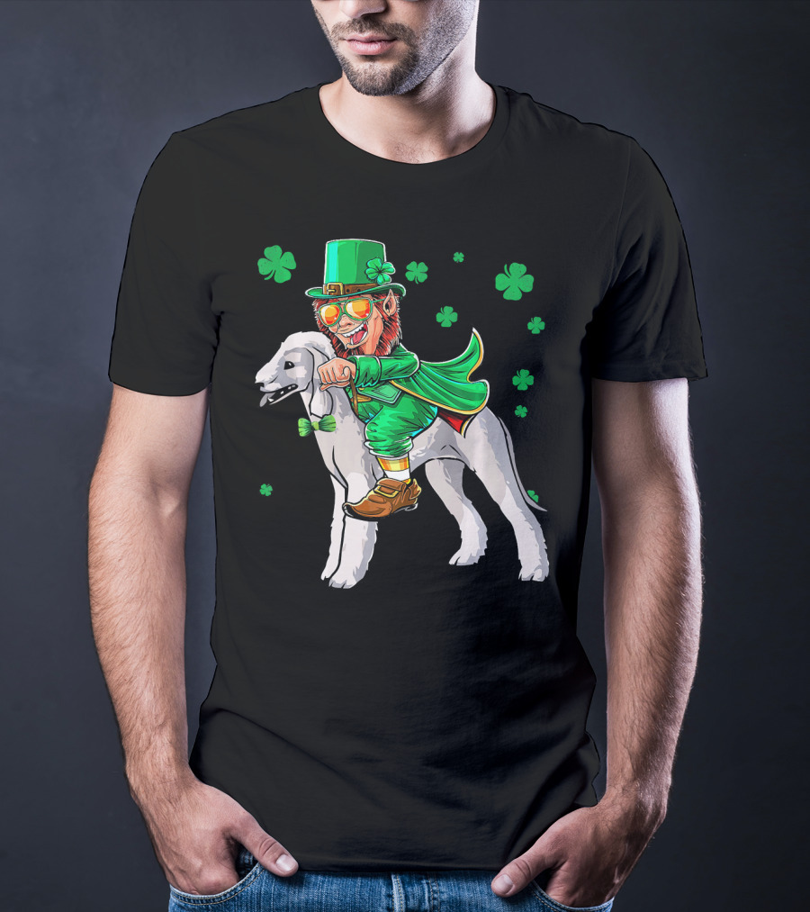 Leprechaun Riding Bedlington Terrier With Shamrock Elements T-Shirt