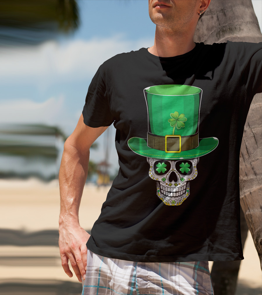 St Patricks Day Shamrock Sugar Skull Leprechaun T-Shirt
