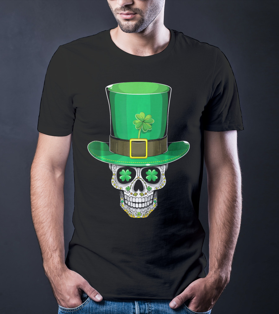 St Patricks Day Shamrock Sugar Skull Leprechaun T-Shirt