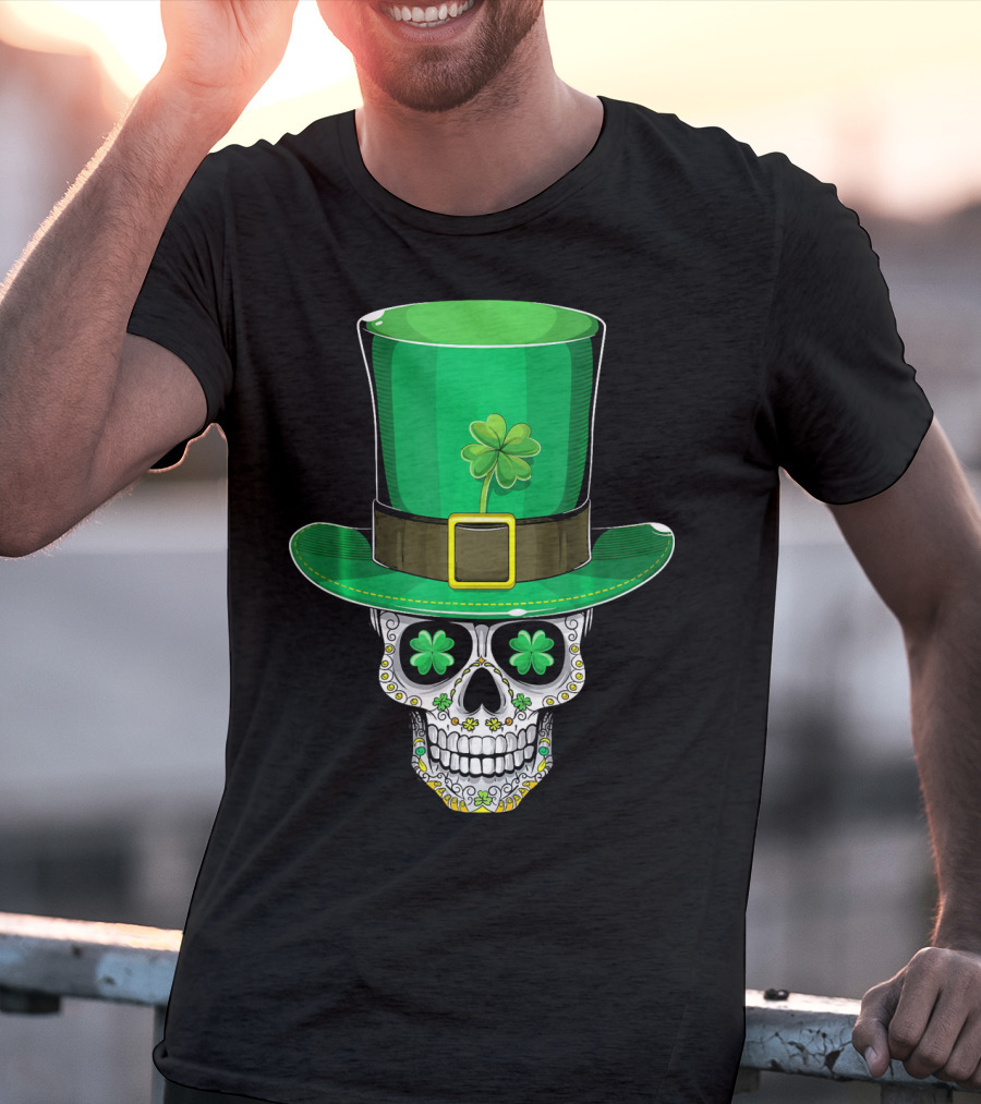 St Patricks Day Shamrock Sugar Skull Leprechaun T-Shirt