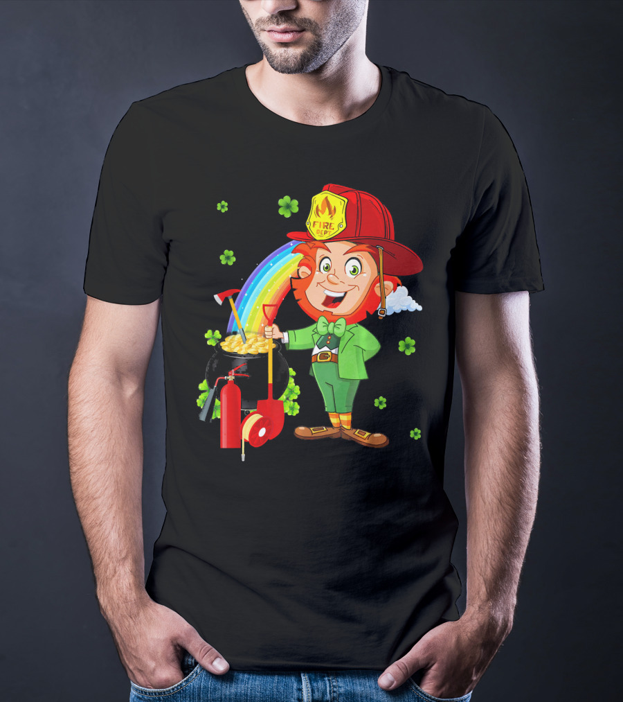 Fire Dept Leprechaun With Pot Of Gold And Rainbow T-Shirt